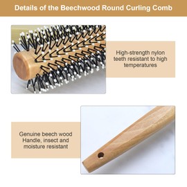 Round Curling Comb with Original Wooden Handle Made of Pure Beech Wood,Gentle Nylon Bristles,For All Hair Styles,Natural and Gentle Hair Brush (Yellow)