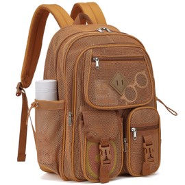 Lreneilu Khaki Mesh Backpack for Girls Boys, Mesh Bookbags Heavy Duty Semi-Transparent School Bag for College, Travel, Beach, Swimming, Sports
