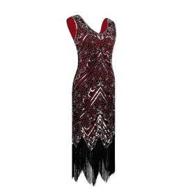 Women's 1920s Flapper Fringe Beaded Great Gatsby Party Dress with Costume Set (Small, Style02-Silver&Red)