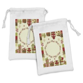 Ambesonne New Year Fabric Pouch Set of 2, Star Shaped Snowflakes with Ornamental Boxes Abstract Christmas, Small Drawstring Bag for Toiletries Masks and Favors, 9" x 6", Green Brown Pale Green