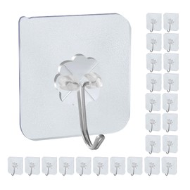 junqixing Adhesive hooks wall hanging hook,heavy-duty self-adhesive hook 22lb (Max),used for coat and hat buckles, bathroom showers, kitchen wardrobes,transparent(24 pcs)
