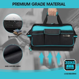DURATECH 17" Wide Mouth Tool Bag, Large Storage 32 Pocket Tool Bag Organizer with Water Proof Molded Base, Adjustable Strap, Clip Design, 840D Oxford Fabric