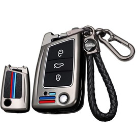 ontto Metal Car key fob cover Fit for VW Polo Golf 7 MK7 Tiguan Octavia Kodiaq Karoq Ateca Leon Flip key case keyring Key Shell Holder bag keychain protector Accessories Black B