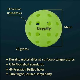 Baypify Outdoor Pickleball Balls,6 Pack Green Pickleball Ball, 40 Holes Design USAPA Approved and Sanctioned for Tournament Play