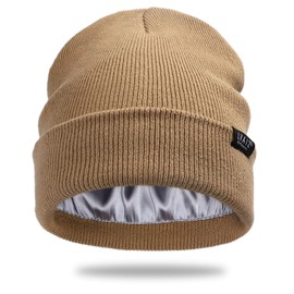 Satin Lined Winter Beanie Hats for Women Unisex Cotton Knitted Cuffed Knit Hat with Silky Lining Slouchy Skull Cap Khaki