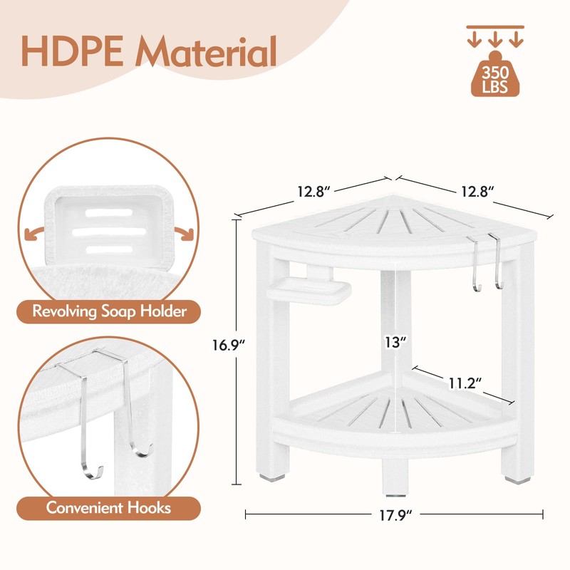 LOENIY 2-Tier Corner Shower Stool with Hooks & Soap Dish,