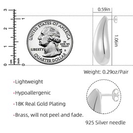 Chunky Gold Hoop Earrings for Women, Lightweight Teardrop Hoops Earrings with 18K Real Gold Plated, Hypoallergenic Earrings Waterdrop Hollow Open Jewelry for Women (Silver)