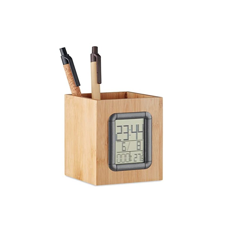noTrash2003 Pen Holder Desk Organiser Sustainable Bamboo with Clock Calendar