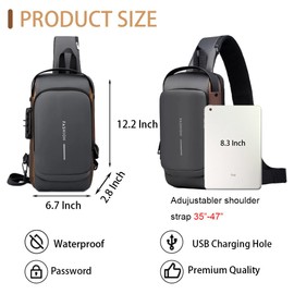 Travel Sling Bag Waterproof Crossbody Bag with Combination Lock Anti-Theft PU Leather Chest Bag with USB Charging Hole Shoulder Backpack Motorcycle Bags Grey