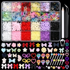 BELICEY 3D Nail Charms Set, Assorted Bow Flower Heart Star Nail Art Charms, Colorful Acrylic Blossom Bowknots Lollipop Charms for Nails, Cute Mix Charms for Nail Art DIY Crafts Supplies Accessories