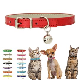 Red Small Collar with Bells Soft PU Leather Kitten Dog Collar Adjustable Buckle for XXS XS Small Small Women Men Boys Girls Pets Puppy