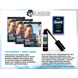Blackbeard for Men Formula X Instant Mustache & Beard Color for Men & Seasoap Anti-Aging Bar Soap - 3 Pack Hypoallergenic Facial Hair Dye & 1 Pack Mens Soap - Temporary Beard Tint, Light/Medium Brown