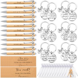 Tenare 12 Sets Thank You Gifts for Teacher Employee Appreciation Gifts Bulk Inspirational Bamboo Ballpoint Pens Thank You Keychains Cards with Organza Bags for Staff Coworker Teacher