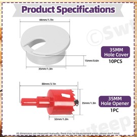 Swpeet 11Pcs White Desk Cable Wire Grommet Cord with Hole Saw, Tidy Cable Hole Cover Organizers, Desk Wire Cord Cable Grommets Hole Cover, 1Pcs 1.38Inch_35mm Tools Hole Saw with Arbor for Office Desk