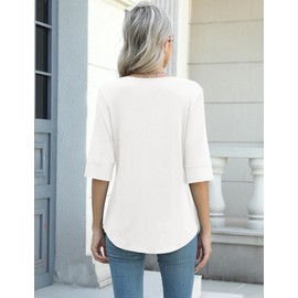 AKEWEI V Neck T Shirts for Women Summer Shirts 2025 3/4 Sleeve Basic Tee Half Sleeve Tunic Tops Business Casual White L