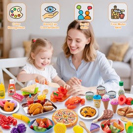 Juboury Pretend Play Food Set for Toddlers, Cutting Toy Food with Storage Bag, Stainless Steel Tray and Plates, Food Toys with Veggies, Fruits, Dessert, Pizza Toy, Play Kitchen Accessories for Kids