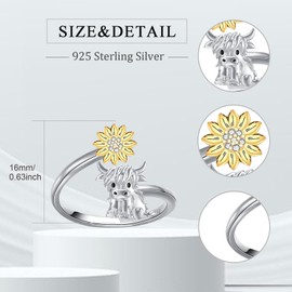 Flpruy Highland Cow Ring 925 Sterling Silver Highland Cow Jewelry Gift Adjustable Cute Cow Open Rings for Women, Sterling Silver, No Gemstone