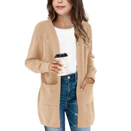 Amarmia Girl's Open Front Cardigan Long Sleeve Knit Sweaters Solid Cute Casual Loose Outerwear Coats with Pockets Khaki