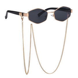 Oiieco Retro Metal Frame Hexagon Sunglasses with Chain Gold, Ladies Luxury Hexagon Eyewear Uv400, Sunglasses Womens Polarised Retro Design