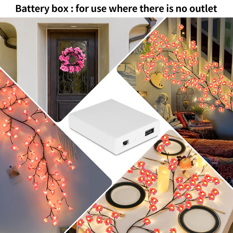 FNHMSL Cherry Enchanted Willow Vine Lights, 7.55FT 144LED 2PCS Pink
