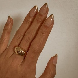 Press On Nails Short Almond - KQueenest Chrome Gold French Tip Press On Nails Medium Stiletto, Natural Nude Fake Nails Press on Sparkle, Reusable Soft Gel French Glue on Nails for Women