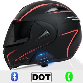 Motorcycle Bluetooth Modular Helmet, DOT Approved Dual Visor Full Face Flip Up Bluetooth Integrated Motorcycle Helmet for Adults Men and Women (Red,Large)