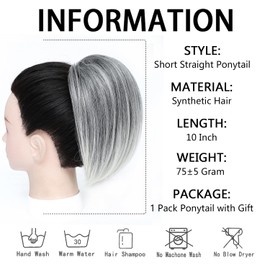 AFNOTE Short Drawstring Ponytail Extension 10 Inch Straight Hair Bun Fake Ponytails Hair Extensions Natural Synthetic Pony Tails Hair Pieces for Women-Black Mix Gray