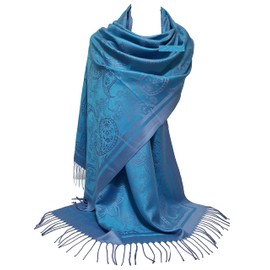 GFM® Ladies Pashmina Style Scarf - Feather or Floral Pattern (FRL4), S1-2054-TXNL-Turquoise Blue