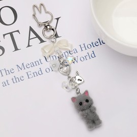ANZWTLOYY Kawaii Cat Keychain Cute Y2k Cutecore Aesthetic Bow Keychains Bag Backpack Purse Car Charms Keyring (Grey)