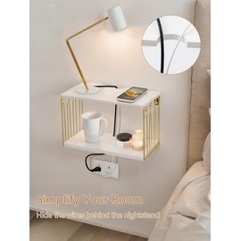 Floating Nightstand with Cable Hole, Modern Minimalism Small Wall Mounted White&Gold Bedside Table Pine Wood Hanging Night Stands Storage 2 Tier Shelf for Bedroom Bathroom Kitchen