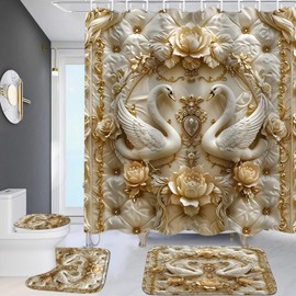 ZLQQ 4Pcs 3D Swan Shower Curtain Sets with Rugs Swan Relief Pearl Bathroom Set with Non-Slip Rugs Toilet Lid Cover and Bath Mat Vintage Shower Curtain with 12 Hooks, Durable Bathroom Decor Set