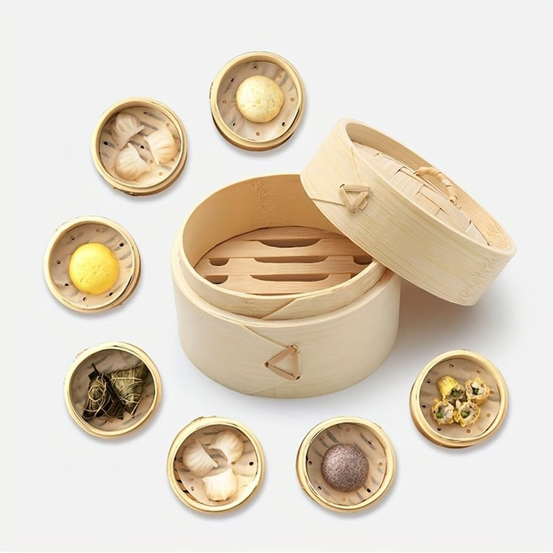 DEAUVIOR Bamboo Steamer Basket - Traditional Dumpling Steamer with Lid