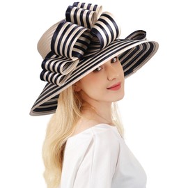 Wedding Bridal Church Party Derby Hats for Women Striped Bowler Hat Wide Brim Fascinator Flat Top Fedora Hats, Khaki, Medium