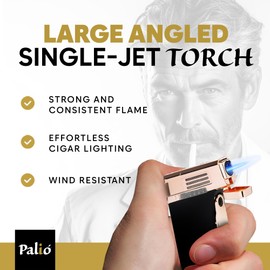 Palió Pro Line, Scorpius Jet Torch Cigar, Angled, Single-Jet Torch Lighter with a Fold -Out 7.5mm Punch Cutter and 33mm Cigar Enhancement Poker (Black/Rose Gold)