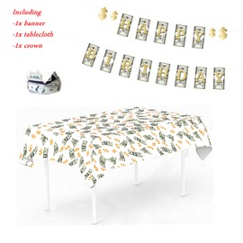 Money Theme Decoration KIT Bill Dollar Signs Birthday Banner Currency Symbol Money Tablecover Tablecloth Dollar Crown Set for Birthday Casino Wedding Showers Retirement Anniversary Graduation Party