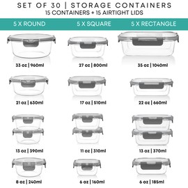 Razab 30 PC Glass Food Storage Containers with Lids - Reusable Glass Meal Prep Containers for Lunch & Leftovers - Airtight & Leakproof Snap Locking Lids - Oven, Freezer, Microwave & Dishwasher Safe