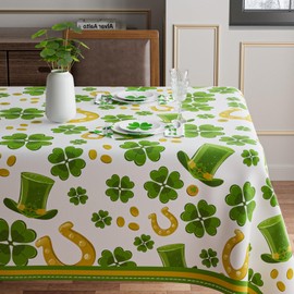 BOTB LIHM St. Patrick's Day Green Hats Four-Leaf Clovers Shamrock Coins Horseshoes Tablecloth Rectangle Washable Table Covers for Indoor Outdoor Dining Table Home Party Decorations 60x84 Inch
