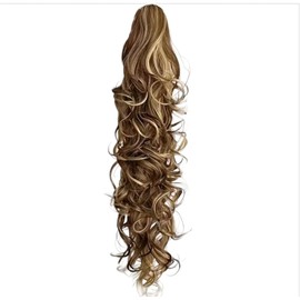 Long Curly Hair Extension, 30 Inch Length, Synthetic Wavy Clip-in Ponytail, Brown with Blonde Highlights, Heat Resistant