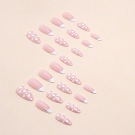 Valentine’s Day Fake Nails Medium Length - French Tip Press on Nails Glitter Heart Deign, Pink Glossy Full Cover Nail Tips Glue on Nails Artificial Acrylic False Nails for Women Valentine's Day Medium