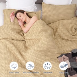PHF 100% Cotton Waffle Duvet Cover Queen, Ultra Soft Skin-Friendly Duvet Cover Set for All Season, Luxury Decorative Textured Comforter Cover with Pillow Shams Bedding Collection, 90"x90", Khaki