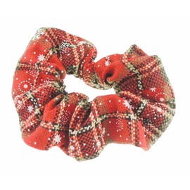 Festive Womens Girls Fabric Snowflake Tartan Plaid Tinsel School Christmas Party Bag Ponio Rope Hair Tie Up Back Elastic Accessories Bobbles Ponytail Holder Rubber Bands Scrunchie (Red Beige Stars)