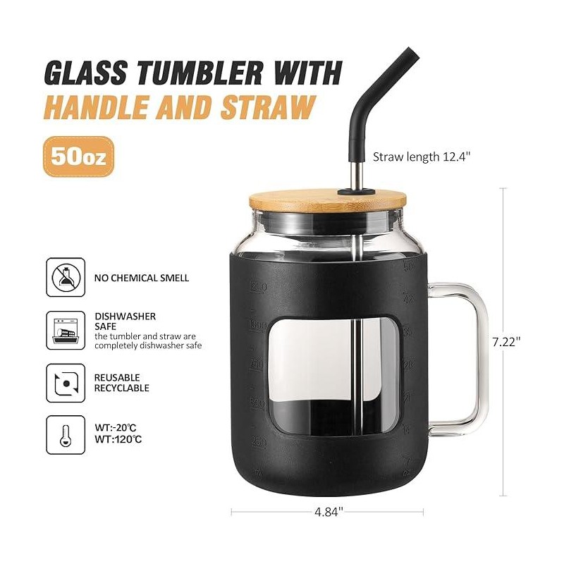 【WINSA】 50OZ Glass Tumbler with Bamboo Lid and Straw, Glass