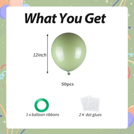 50pcs Sage Green Balloons, Helium Quality 12inch Neutral Olive Green Party Balloons for Wedding Birthday BOHO Baby Shower Party Decorations (With Ribbon & Glues)
