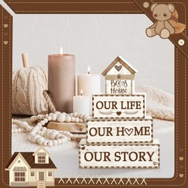 4 Pcs Rustic Farmhouse Decor Wooden Tiered Tray Decor, Rustic Family Table Decorations Our Life Story Stack Block Sign Neutral Home Tabletop Centerpieces for Kitchen Shelf Entryway Coffee Desk