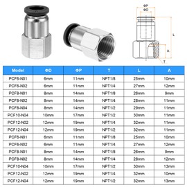sourcing map 10pcs Push to Connect Fittings 8mm Tube OD x 1/4" NPT Thread Female Straight Pneumatic Tube Fittings PCF8-N02 Quick Connect Air Line Fittings Air Hose Fittings, Black
