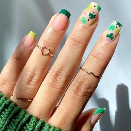 Press on Nails Short - 24 Pcs French Tip Nails Square Green Nail Tips Fake Nails ,St Patricks Day Gift | False Nail Kits with Lucky Shamrock Design, Fake Nails Short, Acrylic Stick on Nails Sets for Women Gift