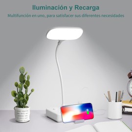 Sendowtek Lámpara de Escritorio LED con Enchufe, Lampara de Mesa con Brazo Flexible de 360°, Lampara Led con 3 Luces Regulables, Luz de Escritorio con 4 Tomas, 2 Puertos USB A, para Hogar y Oficina