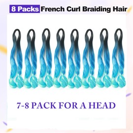 8Packs Ombre Blue French Curly Braiding Hair 12 Inch Pre Stretched Bouncy Braiding Hair French Curl Loose Wavy Spiral BraidingHair Extensions for Women(8Packs,Ombre Blue)