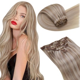 LaaVoo Clip-In Blonde Real Hair Extensions, Thick Hair, for Complete Clip-In Hair Extensions, Ash Blonde, Highlight Bleached Blonde, Remy Extensions, 7 Pieces, 120 g, 40 cm