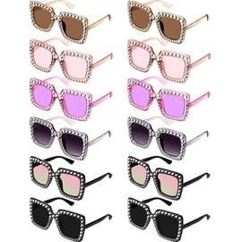 12 Pairs Crystal Oversized Sunglasses Rhinestone Square Diamond Sunglasses Frame Retro Sparkling Glasses for Women Men(Bright Colors)